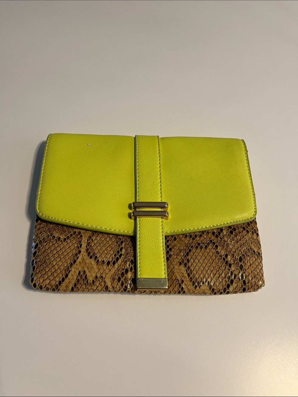 Neon Lime & Brown Snake-Print Wristlet Clutch